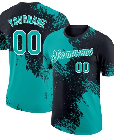 Custom Aqua Black-White 3D Pattern Design Abstract Brush Stroke Performance T-Shirt, For Football, Baseball, Hockey, Basketball, Softball & Rugby Fans