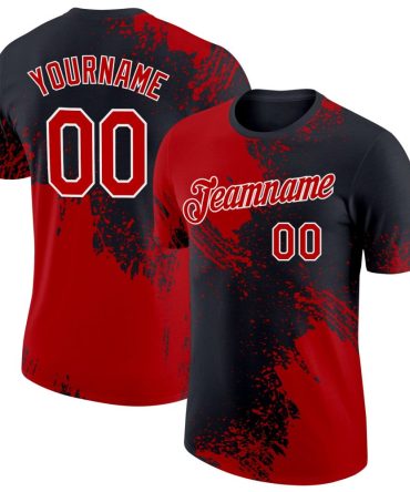 Custom Red Black-White 3D Pattern Design Abstract Brush Stroke Performance T-Shirt, For Football, Baseball, Hockey, Basketball, Softball & Rugby Fans