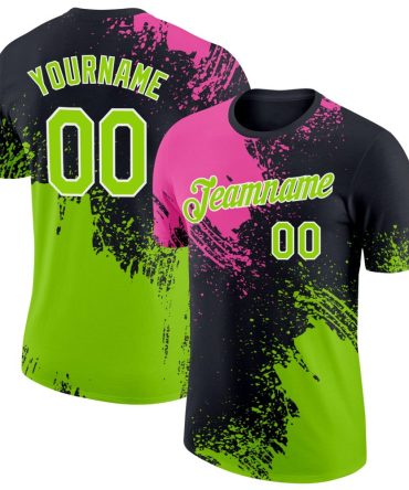 Custom Pink Neon Green-Black 3D Pattern Design Abstract Brush Stroke Performance T-Shirt, For Football, Baseball, Hockey, Basketball, Softball & Rugby Fans