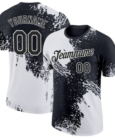 Custom White Black 3D Pattern Design Abstract Brush Stroke Performance T-Shirt, For Football, Baseball, Hockey, Basketball, Softball & Rugby Fans
