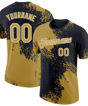 Custom Old Gold Black-White 3D Pattern Design Abstract Brush Stroke Performance T-Shirt, For Football, Baseball, Hockey, Basketball, Softball & Rugby Fans