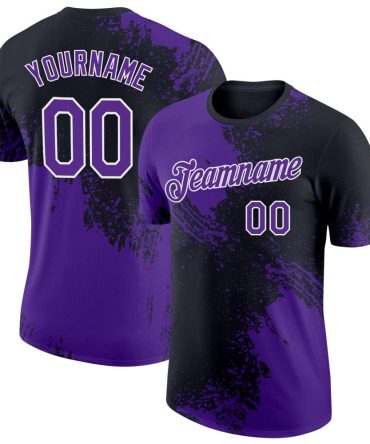 Custom Purple Black-White 3D Pattern Design Abstract Brush Stroke Performance T-Shirt, For Football, Baseball, Hockey, Basketball, Softball & Rugby Fans