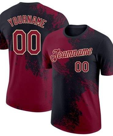 Custom Crimson Black-Cream 3D Pattern Design Abstract Brush Stroke Performance T-Shirt, For Football, Baseball, Hockey, Basketball, Softball & Rugby Fans