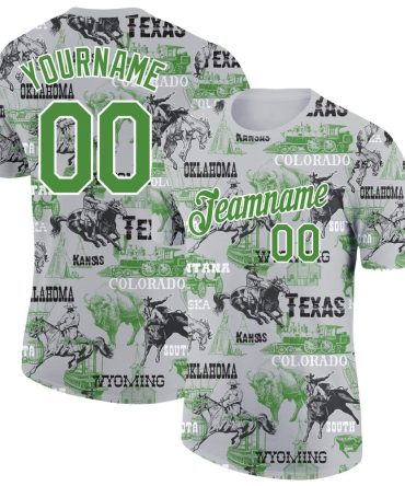 Custom White Aurora Green 3D Pattern Design Cowboy Rodeo Performance T-Shirt, For Football, Baseball, Hockey, Basketball, Softball & Rugby Fans