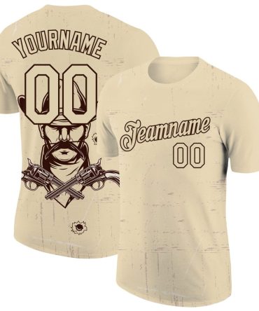 Custom Cream Black 3D Pattern Design Cowboy Performance T-Shirt, For Football, Baseball, Hockey, Basketball, Softball & Rugby Fans