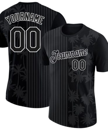Custom Black White 3D Pattern Design Hawaii Palm Trees Performance T-Shirt, For Football, Baseball, Hockey, Basketball, Softball & Rugby Fans