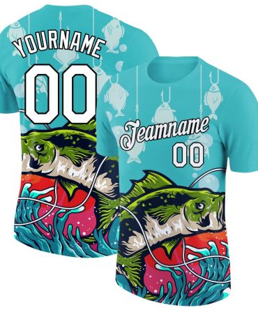 Custom Aqua White-Black 3D Pattern Design Big Bass Fish Fishing Performance T-Shirt, For Football, Baseball, Hockey, Basketball, Softball & Rugby Fans