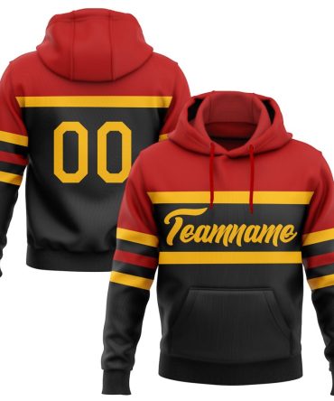 Custom Black Gold-Red Line Sports Pullover Sweatshirt Hoodie, Gift For Football, Baseball, Hockey, Basketball, Softball & Rugby Fans