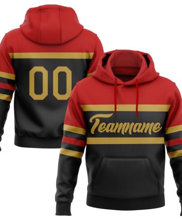 Custom Black Old Gold-Red Line Sports Pullover Sweatshirt Hoodie, Gift For Football, Baseball, Hockey, Basketball, Softball & Rugby Fans