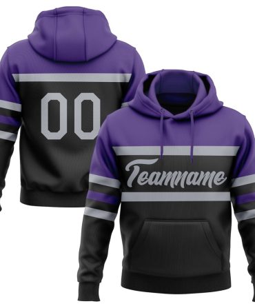 Custom Black Gray-Purple Line Sports Pullover Sweatshirt Hoodie, Gift For Football, Baseball, Hockey, Basketball, Softball & Rugby Fans
