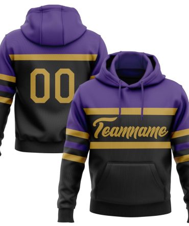 Custom Black Old Gold-Purple Line Sports Pullover Sweatshirt Hoodie, Gift For Football, Baseball, Hockey, Basketball, Softball & Rugby Fans