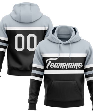 Custom Black White-Silver Line Sports Pullover Sweatshirt Hoodie, Gift For Football, Baseball, Hockey, Basketball, Softball & Rugby Fans