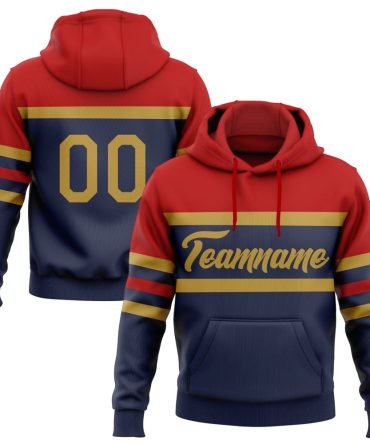Custom Navy Old Gold-Red Line Sports Pullover Sweatshirt Hoodie, Gift For Football, Baseball, Hockey, Basketball, Softball & Rugby Fans