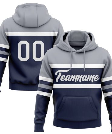 Custom Navy White-Gray Line Sports Pullover Sweatshirt Hoodie, Gift For Football, Baseball, Hockey, Basketball, Softball & Rugby Fans