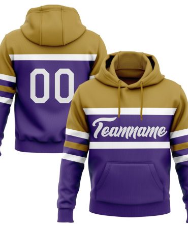 Custom Purple White-Old Gold Line Sports Pullover Sweatshirt Hoodie, Gift For Football, Baseball, Hockey, Basketball, Softball & Rugby Fans
