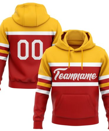 Custom Red White-Gold Line Sports Pullover Sweatshirt Hoodie, Gift For Football, Baseball, Hockey, Basketball, Softball & Rugby Fans