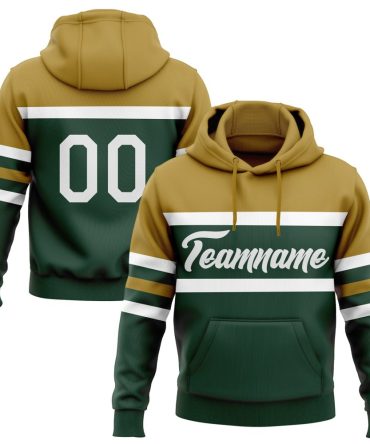 Custom Green White-Old Gold Line Sports Pullover Sweatshirt Hoodie, Gift For Football, Baseball, Hockey, Basketball, Softball & Rugby Fans