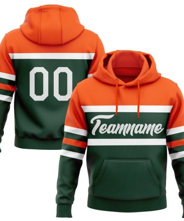 Custom Green White-Orange Line Sports Pullover Sweatshirt Hoodie, Gift For Football, Baseball, Hockey, Basketball, Softball & Rugby Fans