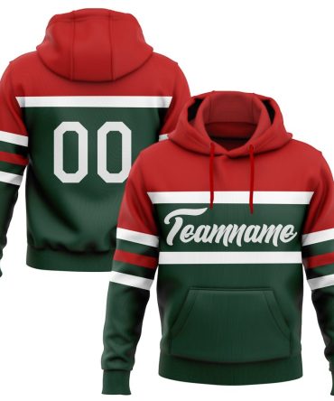 Custom Green White-Red Line Sports Pullover Sweatshirt Hoodie, Gift For Football, Baseball, Hockey, Basketball, Softball & Rugby Fans