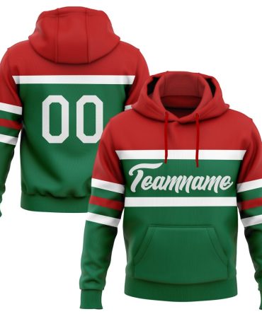 Custom Kelly Green White-Red Line Sports Pullover Sweatshirt Hoodie, Gift For Football, Baseball, Hockey, Basketball, Softball & Rugby Fans