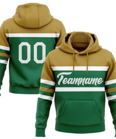 Custom Kelly Green White-Old Gold Line Sports Pullover Sweatshirt Hoodie, Gift For Football, Baseball, Hockey, Basketball, Softball & Rugby Fans