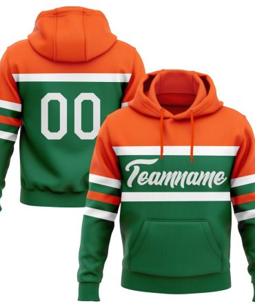 Custom Kelly Green White-Orange Line Sports Pullover Sweatshirt Hoodie, Gift For Football, Baseball, Hockey, Basketball, Softball & Rugby Fans