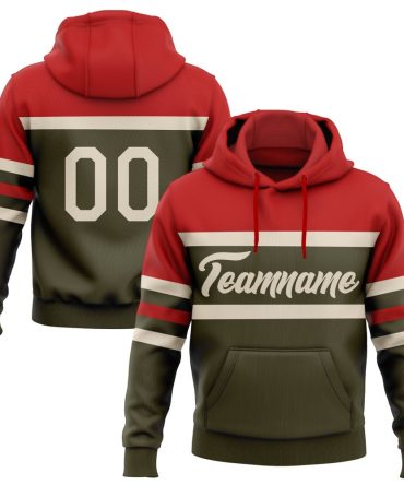 Custom Olive Cream-Red Line Sports Pullover Sweatshirt Salute To Service Hoodie, Gift For Football, Baseball, Hockey, Basketball, Softball & Rugby Fans