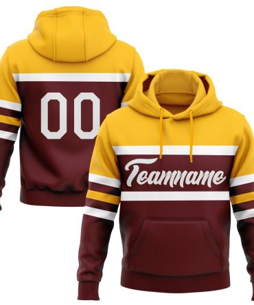 Custom Burgundy White-Gold Line Sports Pullover Sweatshirt Hoodie, Gift For Football, Baseball, Hockey, Basketball, Softball & Rugby Fans