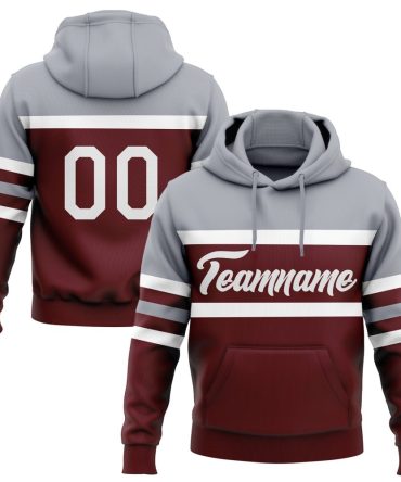 Custom Burgundy White-Gray Line Sports Pullover Sweatshirt Hoodie, Gift For Football, Baseball, Hockey, Basketball, Softball & Rugby Fans