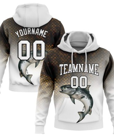 Custom White Black-Old Gold 3D Rainbow Trout Fish Fishing Sports Pullover Sweatshirt Hoodie, Gift For Football, Baseball, Hockey, Basketball, Softball & Rugby Fans