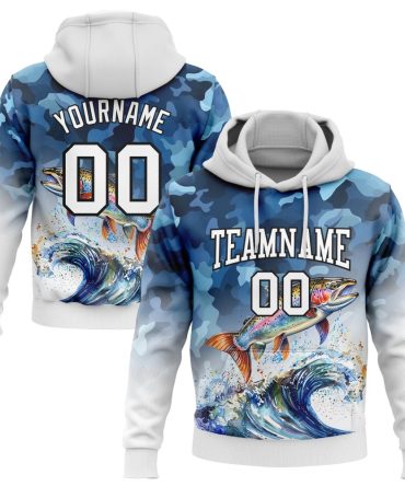 Custom Camo White-Black 3D Rainbow Trout Fish Fishing Sports Pullover Sweatshirt Hoodie, Gift For Football, Baseball, Hockey, Basketball, Softball & Rugby Fans