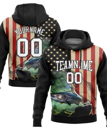 Custom Black City Cream-Red 3D American Flag And Atlantic Salmon Fish Fishing Sports Pullover Sweatshirt Hoodie, Gift For Football, Baseball, Hockey, Basketball, Softball & Rugby Fans