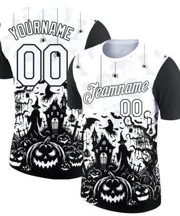 Custom White Black 3D Halloween Performance T-Shirt, For Football, Baseball, Hockey, Basketball, Softball & Rugby Fans