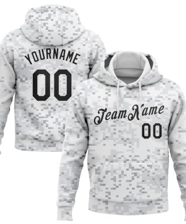 Custom Camo Black-White 3D Arctic Camouflage Sports Pullover Sweatshirt Salute To Service Hoodie, Gift For Football, Baseball, Hockey, Basketball, Softball & Rugby Fans