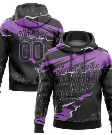 Custom Black Medium Purple 3D Pattern Design Torn Paper Style Sports Pullover Sweatshirt Hoodie, Gift For Football, Baseball, Hockey, Basketball, Softball & Rugby Fans