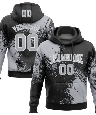 Custom Black Gray-White 3D Pattern Design Abstract Brush Stroke Sports Pullover Sweatshirt Hoodie, Gift For Football, Baseball, Hockey, Basketball, Softball & Rugby Fans