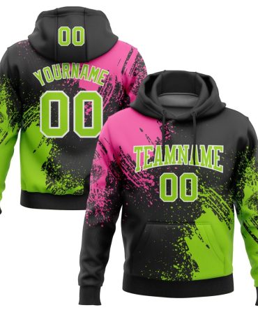 Custom Black Neon Green-Pink 3D Pattern Design Abstract Brush Stroke Sports Pullover Sweatshirt Hoodie, Gift For Football, Baseball, Hockey, Basketball, Softball & Rugby Fans