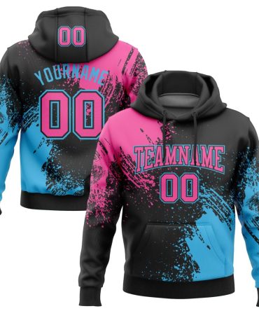 Custom Black Pink-Sky Blue 3D Pattern Design Abstract Brush Stroke Sports Pullover Sweatshirt Hoodie, Gift For Football, Baseball, Hockey, Basketball, Softball & Rugby Fans