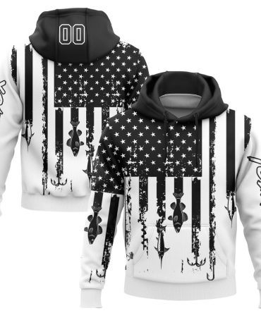 Custom White Black 3D American Flag And Fish Hook Fishing Sports Pullover Sweatshirt Hoodie, Gift For Football, Baseball, Hockey, Basketball, Softball & Rugby Fans
