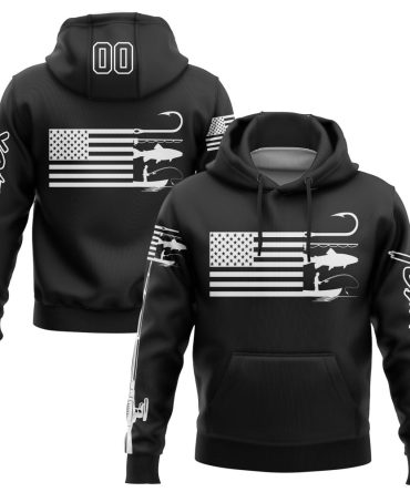 Custom Black White 3D American Flag And Fish Hook Fishing Sports Pullover Sweatshirt Hoodie, Gift For Football, Baseball, Hockey, Basketball, Softball & Rugby Fans
