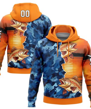 Custom Bay Orange Camo-Black 3D Trout Fish Fishing Sports Pullover Sweatshirt Hoodie, Gift For Football, Baseball, Hockey, Basketball, Softball & Rugby Fans