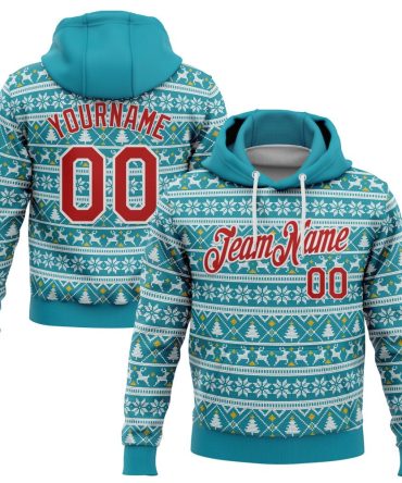 Custom Midnight Green Red-White 3D Christmas Sports Pullover Sweatshirt Hoodie, Gift For Football, Baseball, Hockey, Basketball, Softball & Rugby Fans