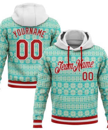Custom Aqua Red-White 3D Christmas Sports Pullover Sweatshirt Hoodie, Gift For Football, Baseball, Hockey, Basketball, Softball & Rugby Fans