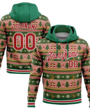 Custom Kelly Green Red-White 3D Christmas Sports Pullover Sweatshirt Hoodie, Gift For Football, Baseball, Hockey, Basketball, Softball & Rugby Fans