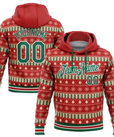 Custom Red Kelly Green-White 3D Christmas Sports Pullover Sweatshirt Hoodie, Gift For Football, Baseball, Hockey, Basketball, Softball & Rugby Fans