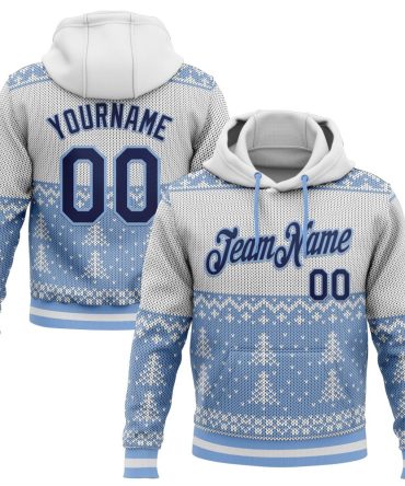 Custom White Navy-Light Blue 3D Christmas Sports Pullover Sweatshirt Hoodie, Gift For Football, Baseball, Hockey, Basketball, Softball & Rugby Fans