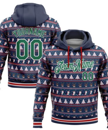 Custom Navy Kelly Green-White 3D Christmas Sports Pullover Sweatshirt Hoodie, Gift For Football, Baseball, Hockey, Basketball, Softball & Rugby Fans