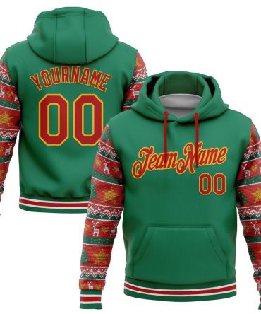 Custom Kelly Green Red-Gold 3D Christmas Sports Pullover Sweatshirt Hoodie, Gift For Football, Baseball, Hockey, Basketball, Softball & Rugby Fans