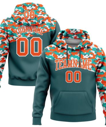 Custom Camo Orange Midnight Green-Aqua 3D Sports Pullover Sweatshirt Salute To Service Hoodie, Gift For Football, Baseball, Hockey, Basketball, Softball & Rugby Fans