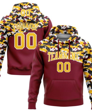 Custom Camo Yellow Crimson-Black 3D Sports Pullover Sweatshirt Salute To Service Hoodie, Gift For Football, Baseball, Hockey, Basketball, Softball & Rugby Fans